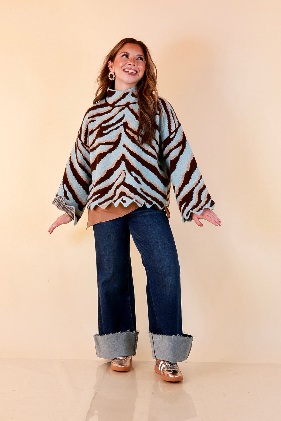 Color Me Wild Zebra Print Mock Neck Bell Sleeve Sweater with Scalloped Hem in Light Blue