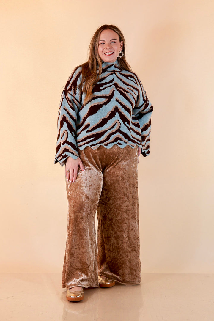 Color Me Wild Zebra Print Mock Neck Bell Sleeve Sweater with Scalloped Hem in Light Blue