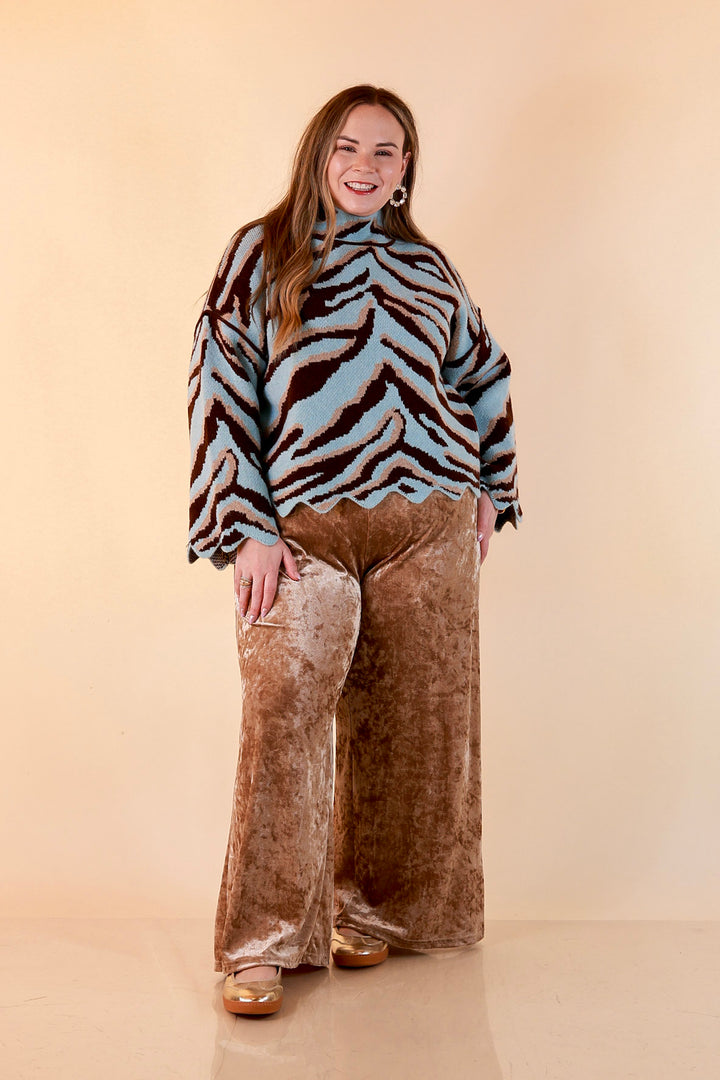 Color Me Wild Zebra Print Mock Neck Bell Sleeve Sweater with Scalloped Hem in Light Blue