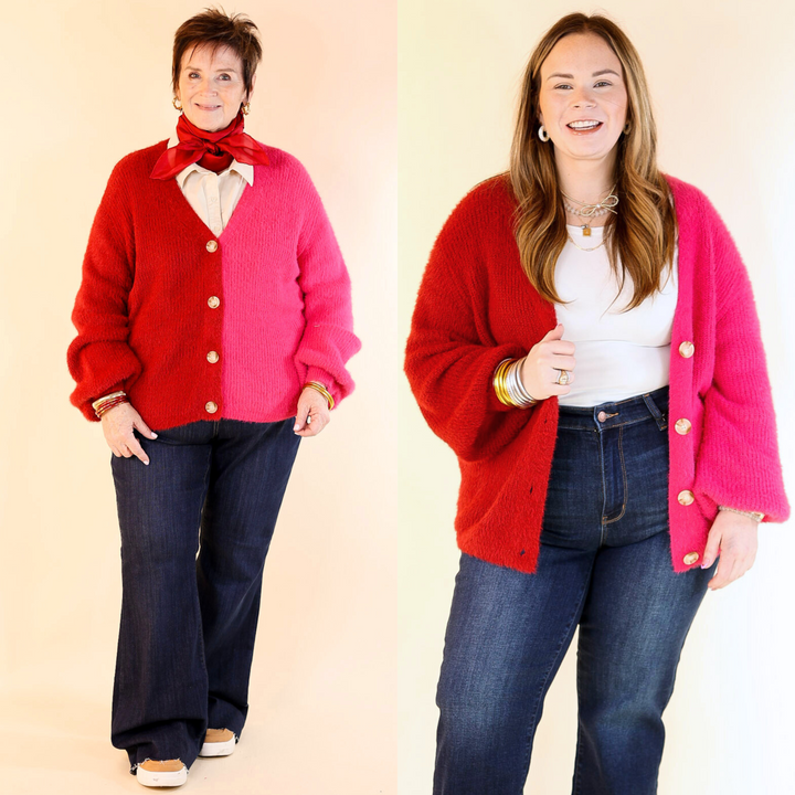 Fireside Feels Color Block Button Up Cardigan with Balloon Sleeves in Hot Pink and Red