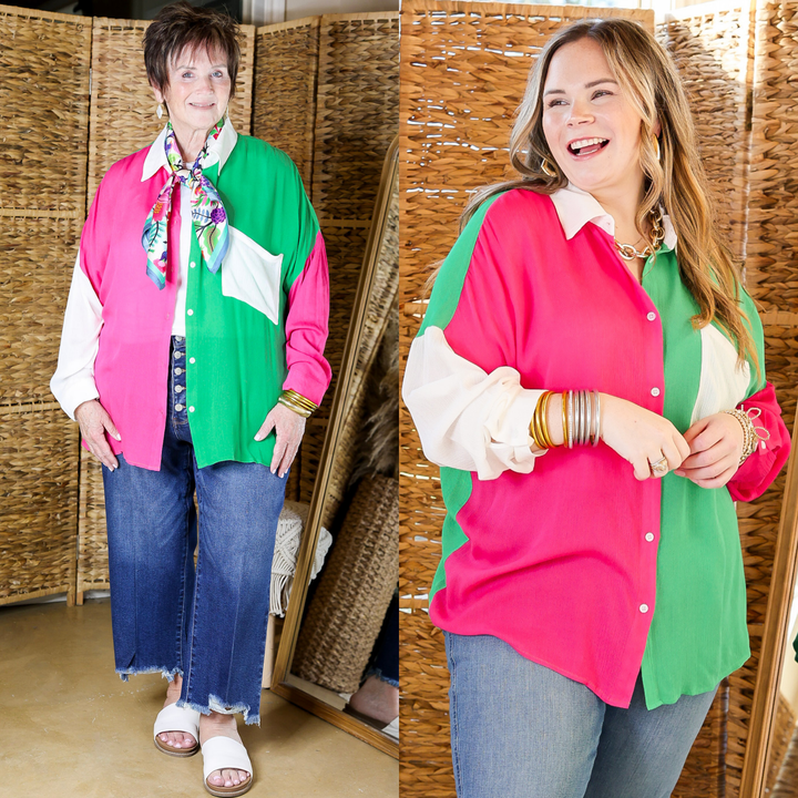 Marina Smiles Color Block Button Up Top in Pink and Green