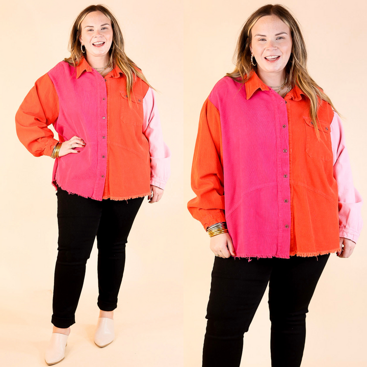 Down The Street Color Block Corduroy Jacket in Pink and Red