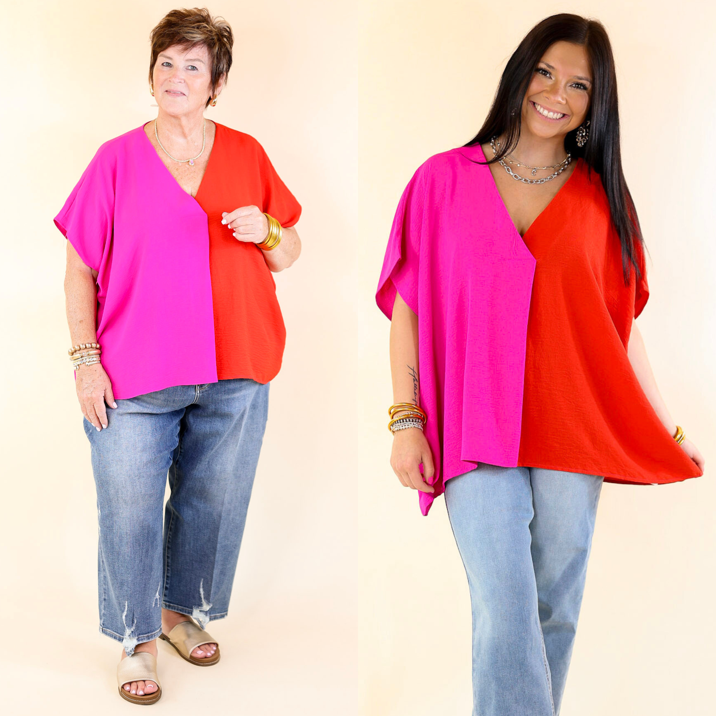 Weekend Out V Neck Placket Color Block Short Sleeve Top in Red and Pink