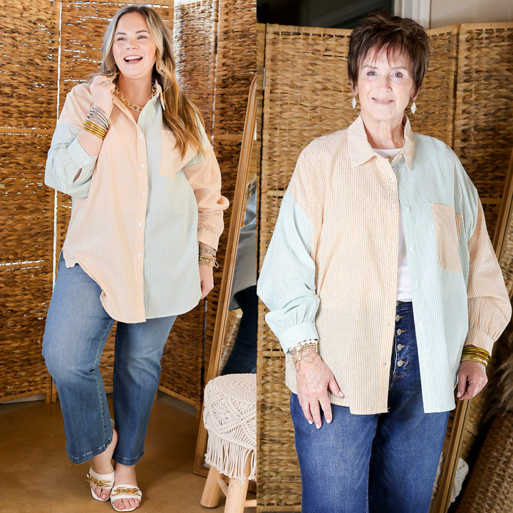 Simply Polished Pin Stripe Long Sleeve Button Up Top in Sage Green and Mustard Yellow
