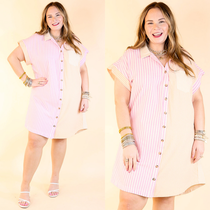 Featuring half-pink, half-orange pinstripes, a classic button-up front, a collar, and a handy front pocket! Cruise into the season with style! Sizes small to plus.