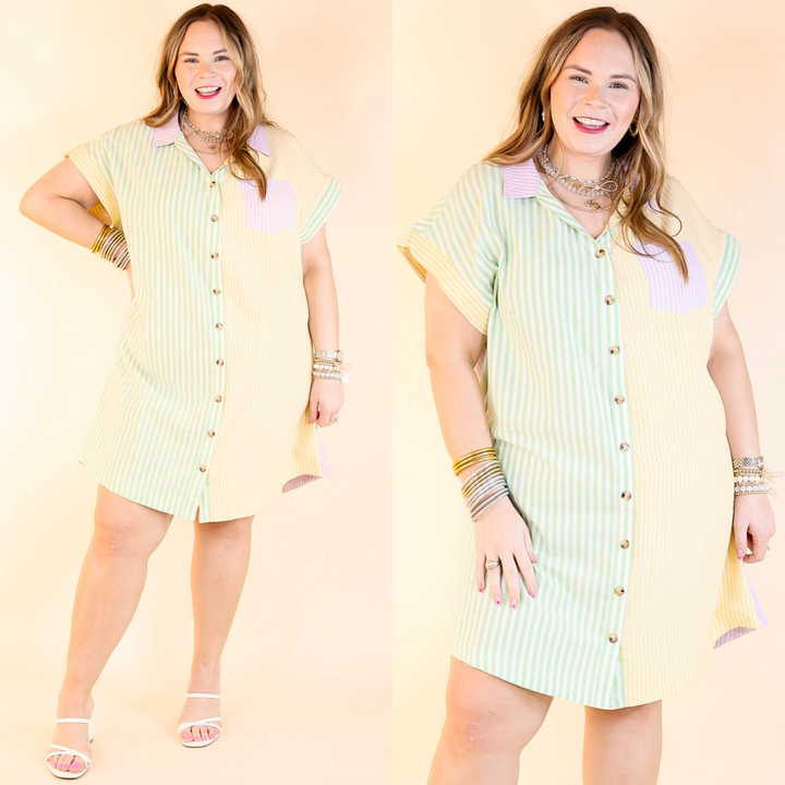 Featuring yellow and green pinstripes with a splash of purple, a classic button-up front, a collar, and a handy front pocket! Sizes small through plus sizes.