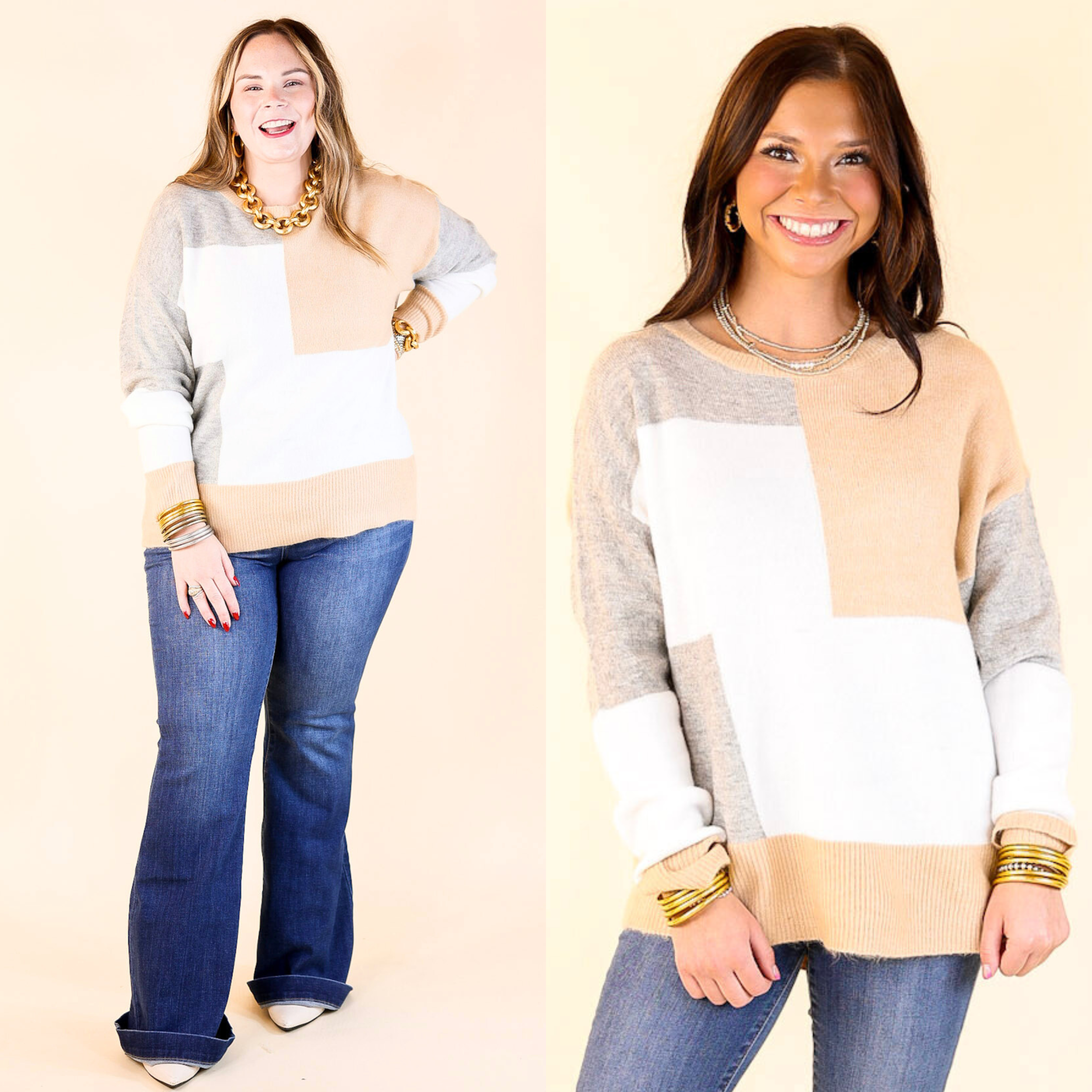 Frozen Lake Color Block Sweater in Ivory, Tan, and Grey