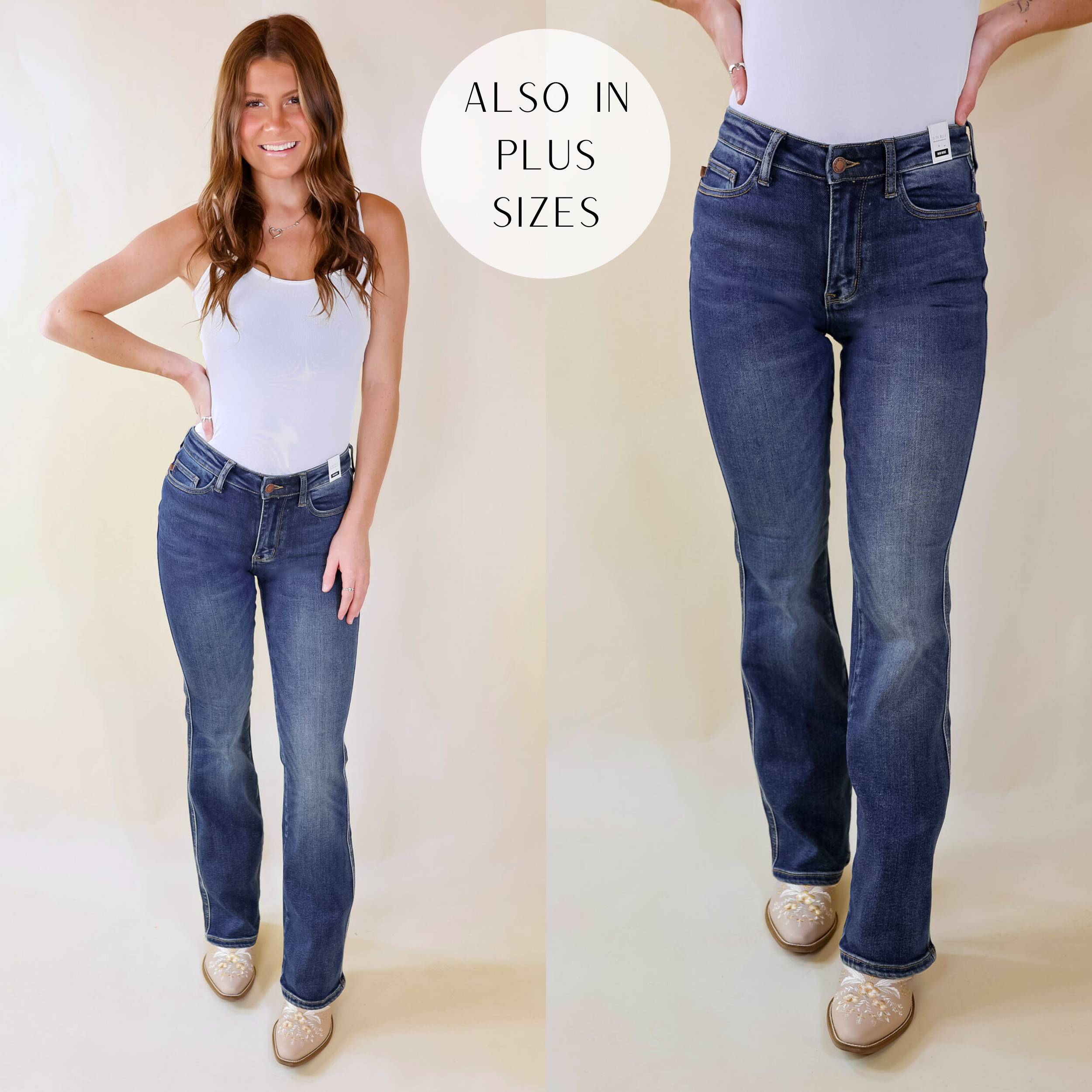 A dark wash pair of mid rise jeans with a boot cut bottom and pockets