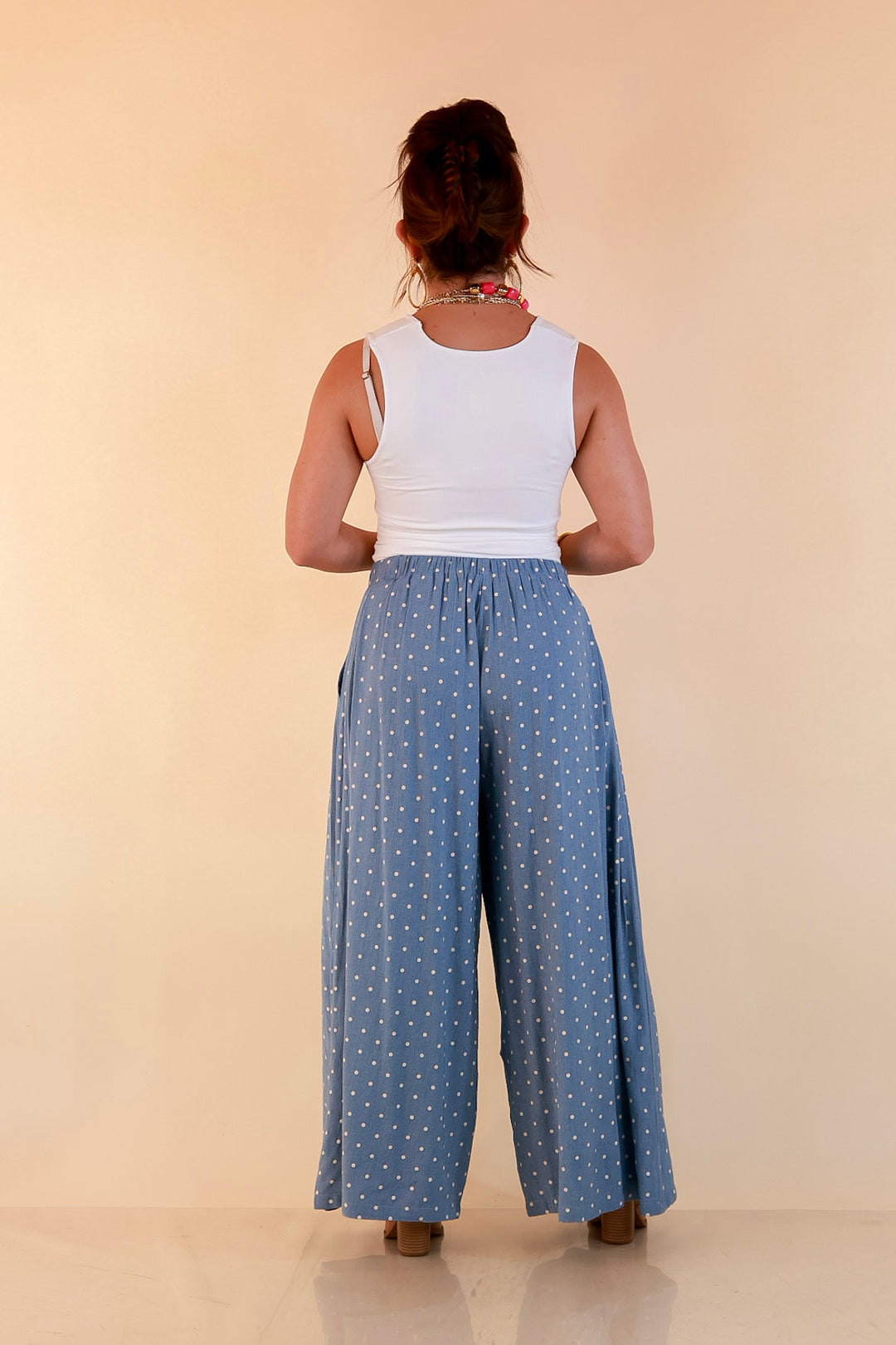Connect the Dots Polka Dot Wide Leg Pants with Elastic Waistband in Light Blue