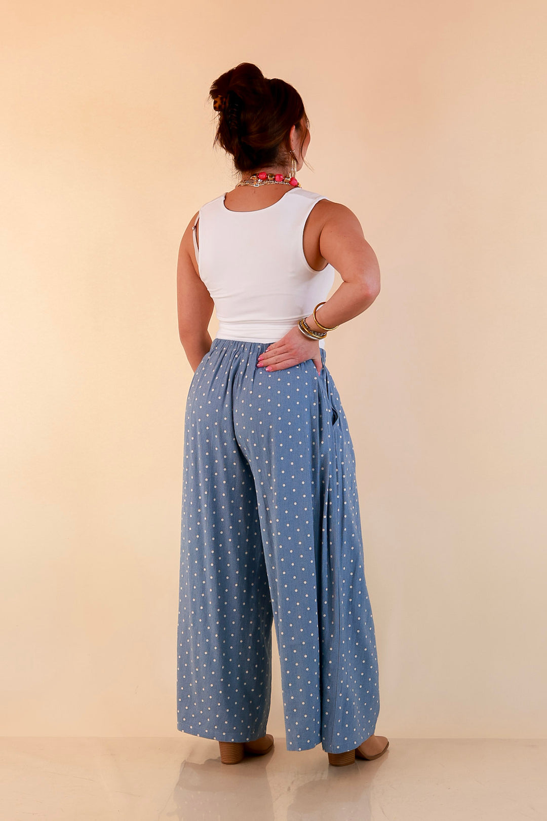 Connect the Dots Polka Dot Wide Leg Pants with Elastic Waistband in Light Blue