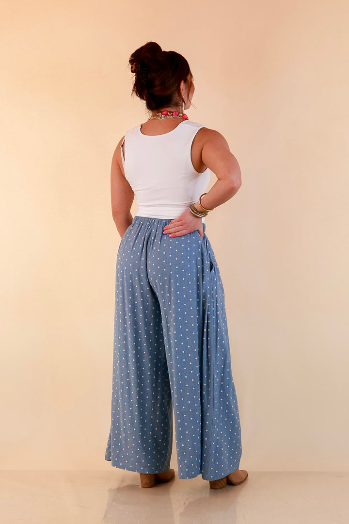 Connect the Dots Polka Dot Wide Leg Pants with Elastic Waistband in Light Blue