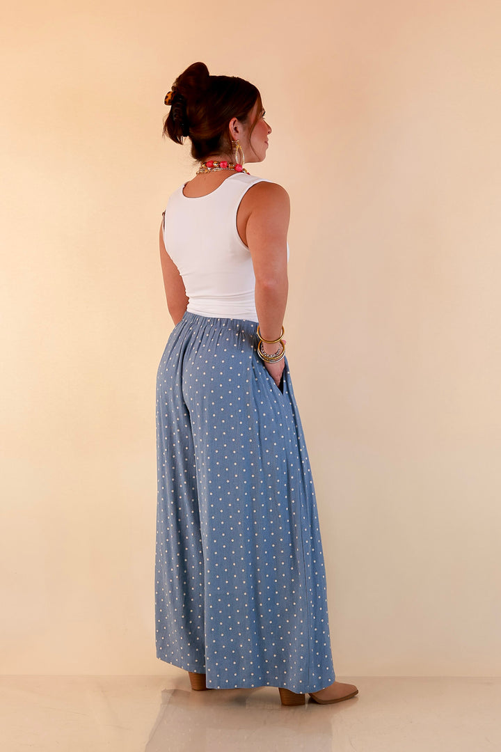 Connect the Dots Polka Dot Wide Leg Pants with Elastic Waistband in Light Blue