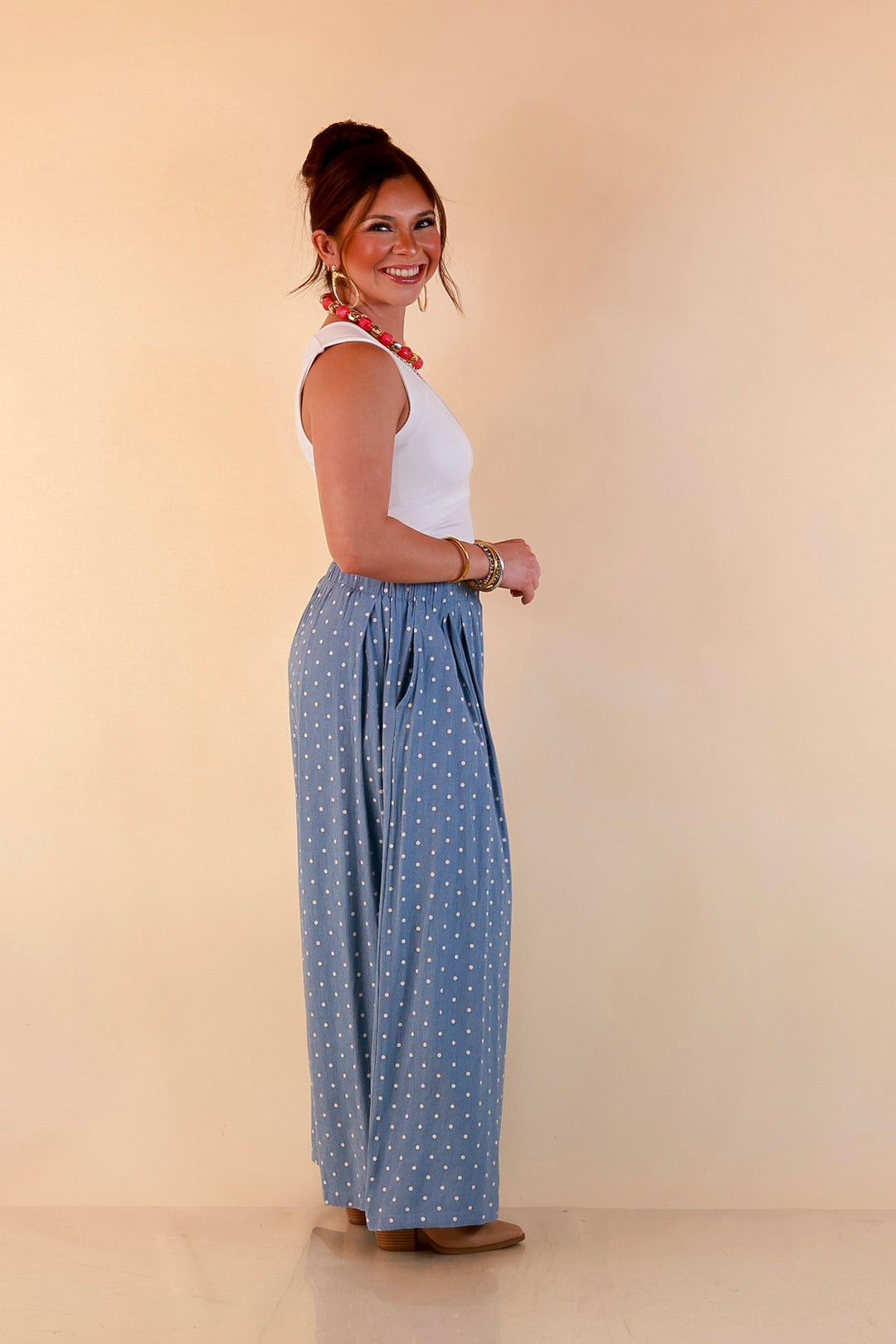 Connect the Dots Polka Dot Wide Leg Pants with Elastic Waistband in Light Blue