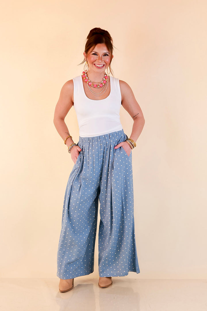 Connect the Dots Polka Dot Wide Leg Pants with Elastic Waistband in Light Blue