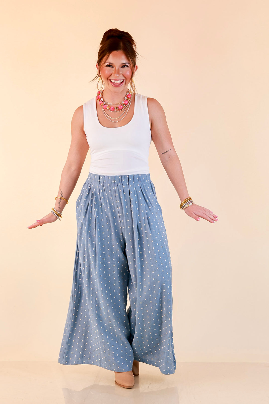 Connect the Dots Polka Dot Wide Leg Pants with Elastic Waistband in Light Blue