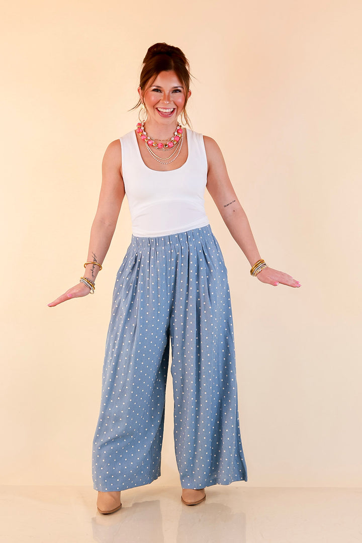 Connect the Dots Polka Dot Wide Leg Pants with Elastic Waistband in Light Blue
