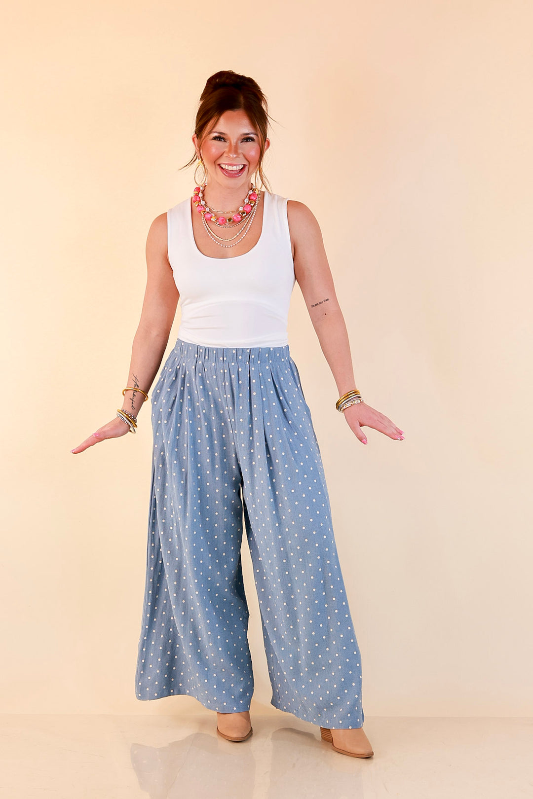Connect the Dots Polka Dot Wide Leg Pants with Elastic Waistband in Light Blue