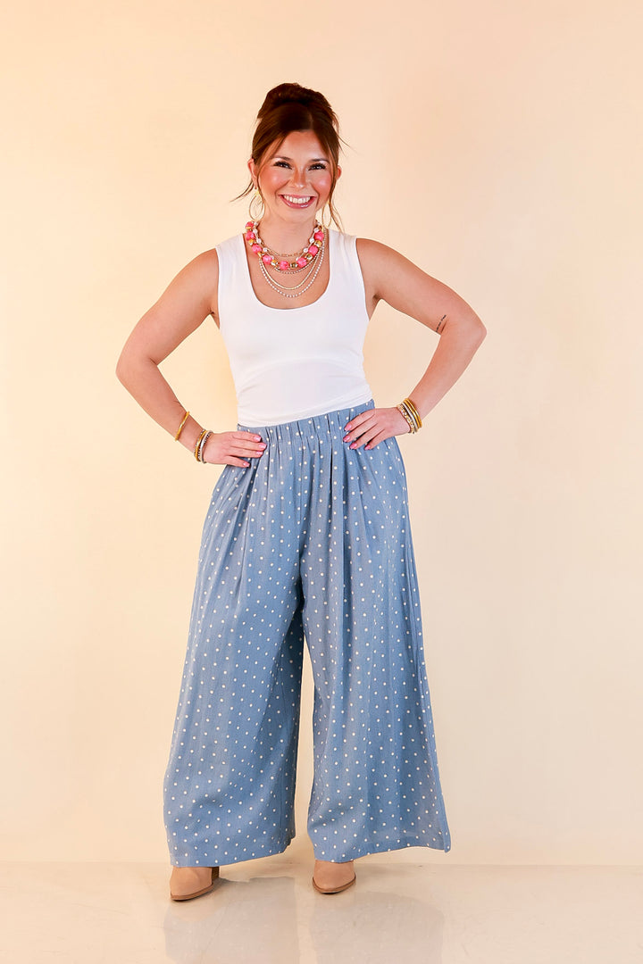 Connect the Dots Polka Dot Wide Leg Pants with Elastic Waistband in Light Blue