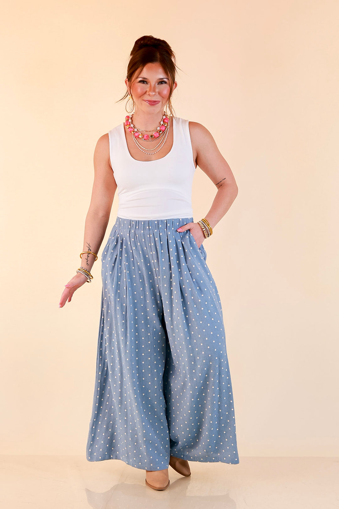 Connect the Dots Polka Dot Wide Leg Pants with Elastic Waistband in Light Blue