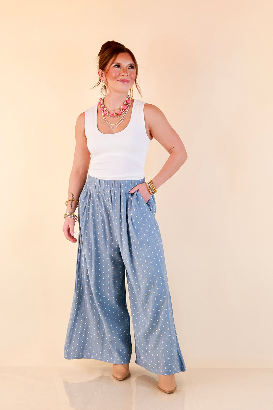 Connect the Dots Polka Dot Wide Leg Pants with Elastic Waistband in Light Blue