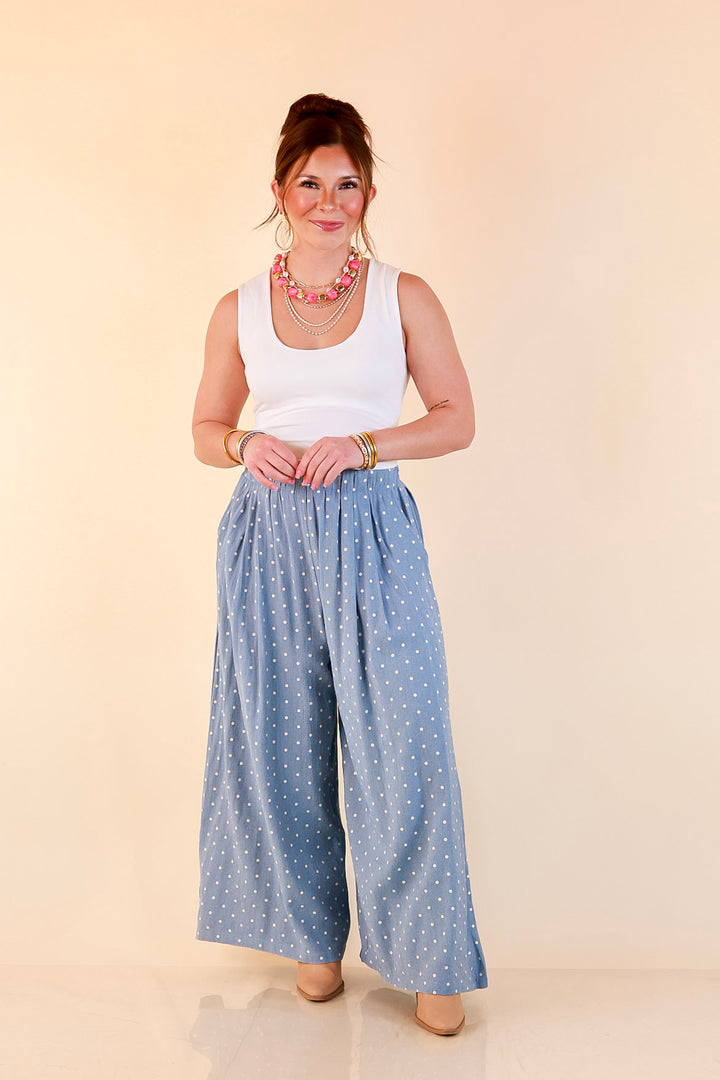 Connect the Dots Polka Dot Wide Leg Pants with Elastic Waistband in Light Blue