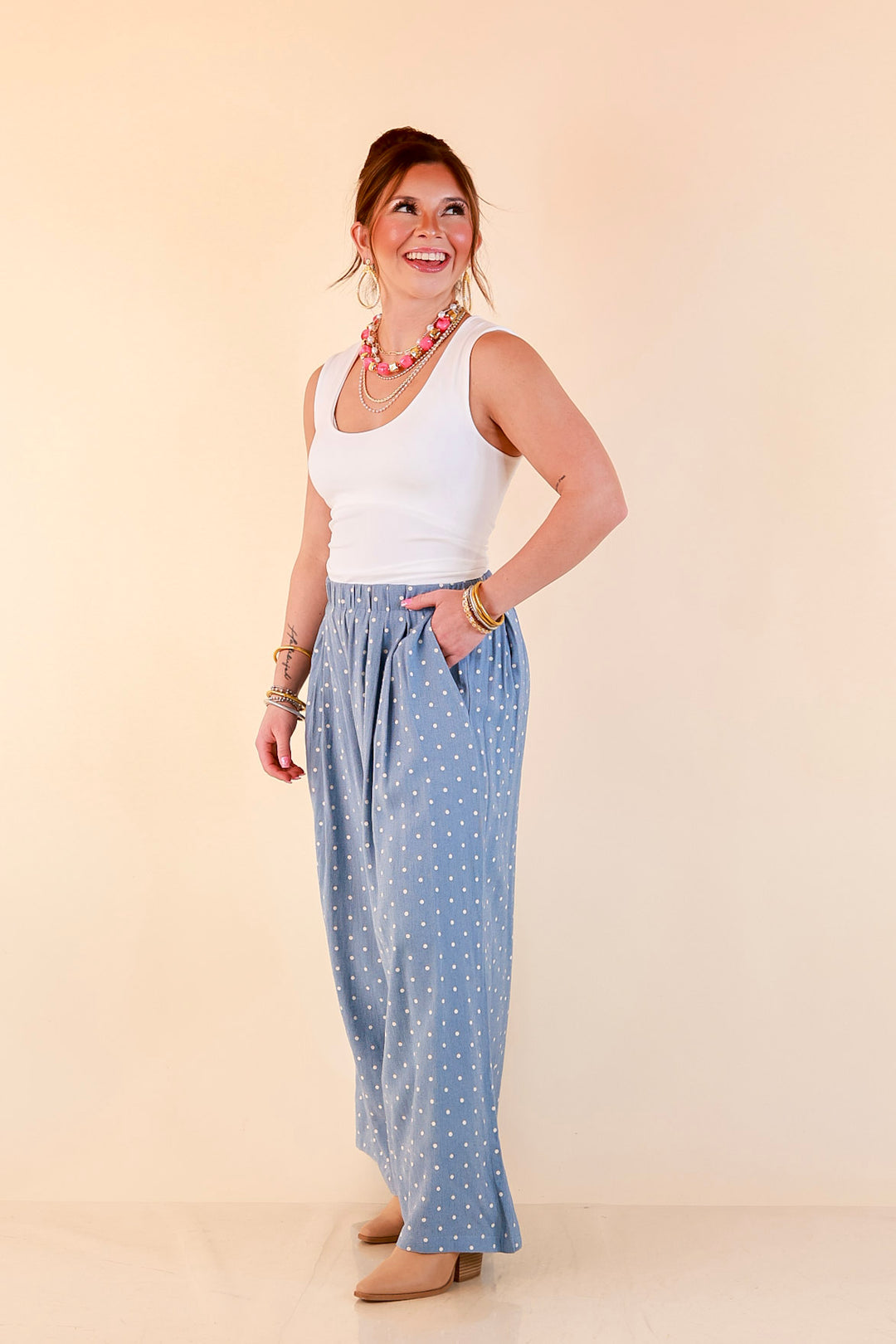 Connect the Dots Polka Dot Wide Leg Pants with Elastic Waistband in Light Blue