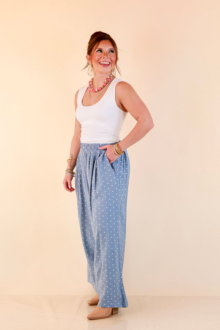 Connect the Dots Polka Dot Wide Leg Pants with Elastic Waistband in Light Blue