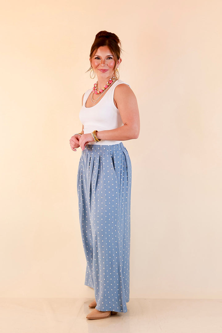 Connect the Dots Polka Dot Wide Leg Pants with Elastic Waistband in Light Blue