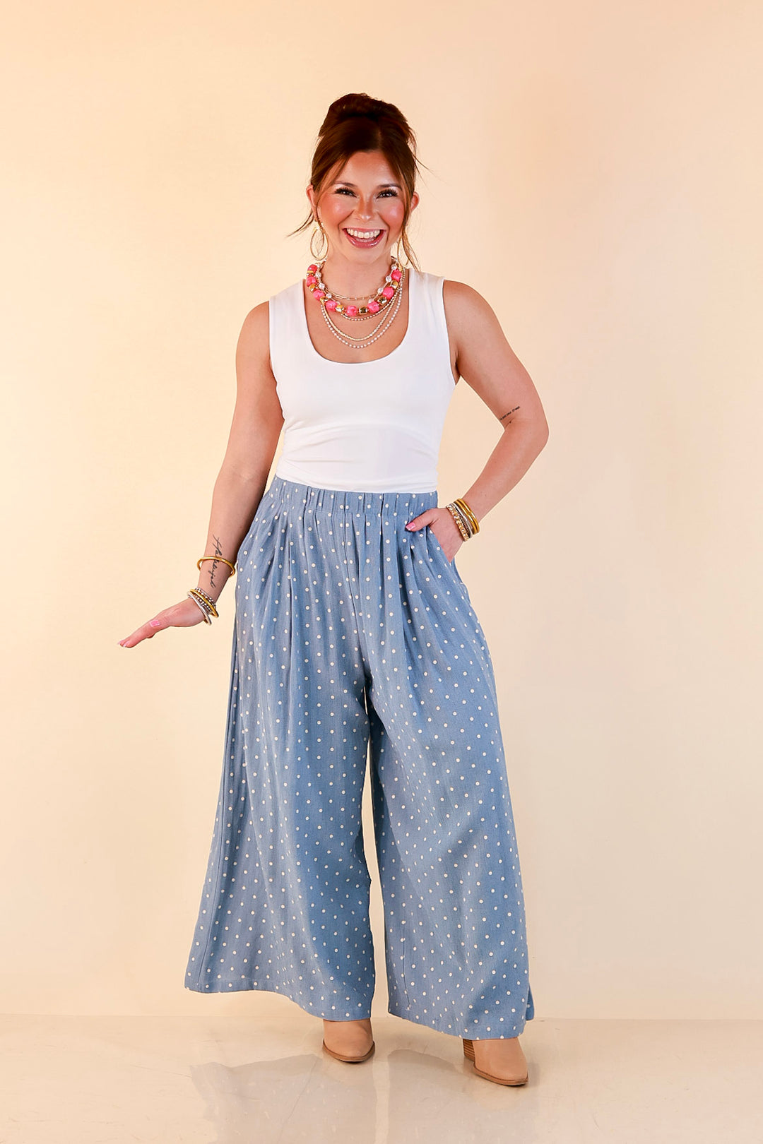Connect the Dots Polka Dot Wide Leg Pants with Elastic Waistband in Light Blue