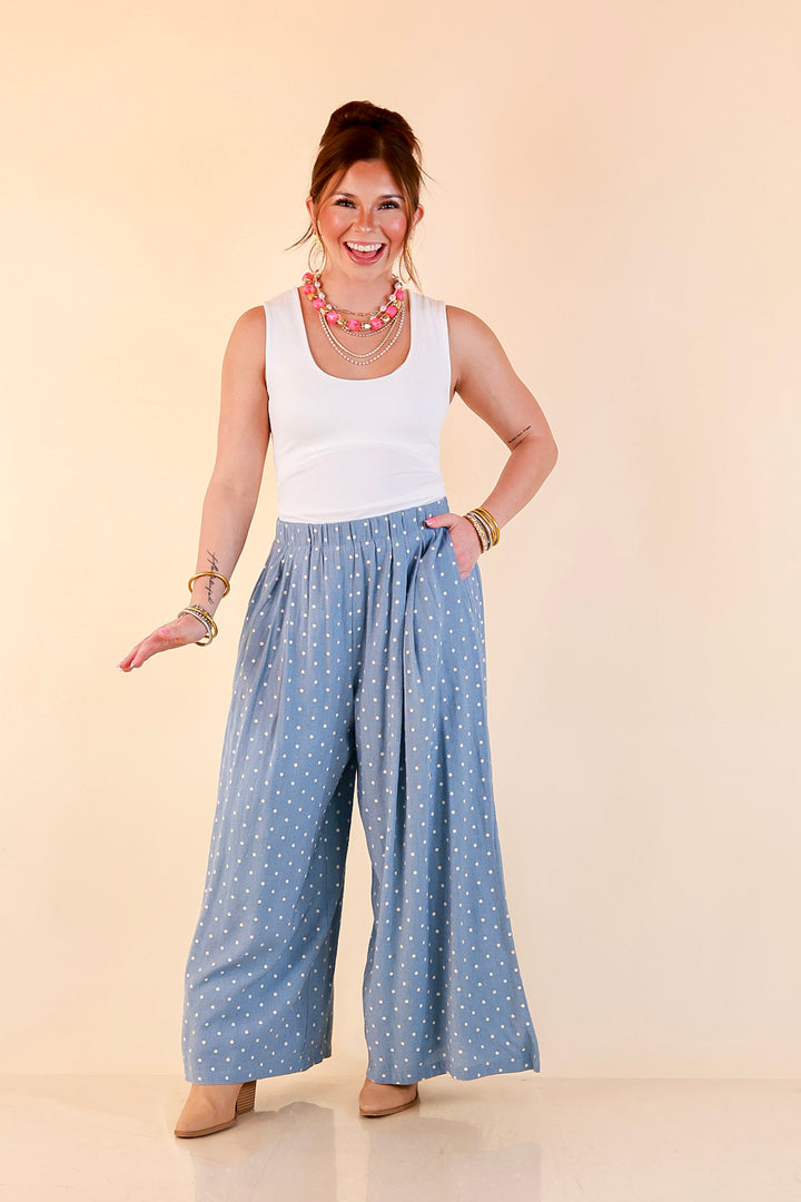 Connect the Dots Polka Dot Wide Leg Pants with Elastic Waistband in Light Blue
