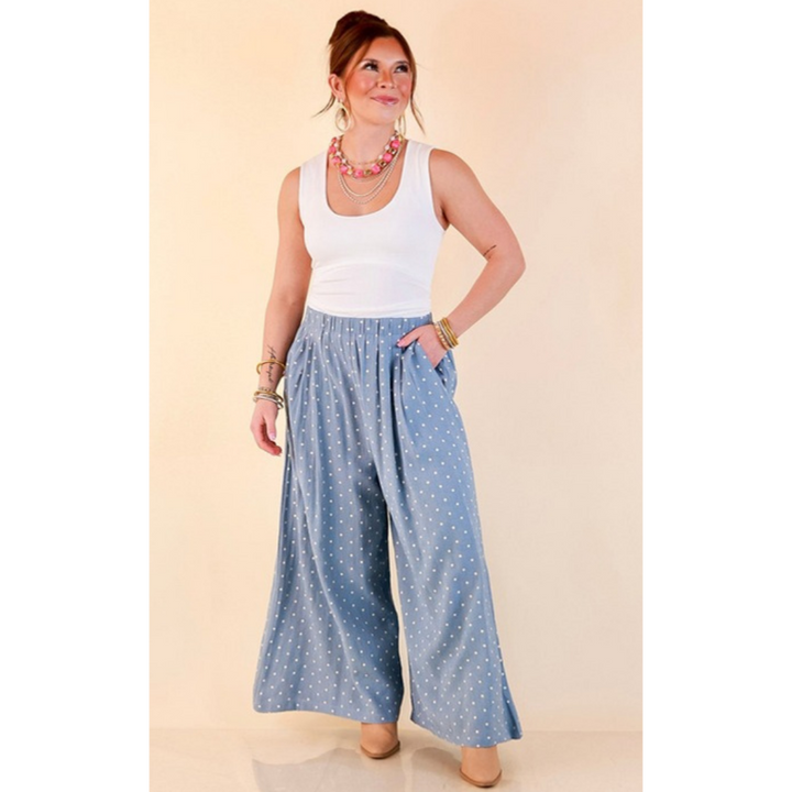 Connect the Dots Polka Dot Wide Leg Pants with Elastic Waistband in Light Blue