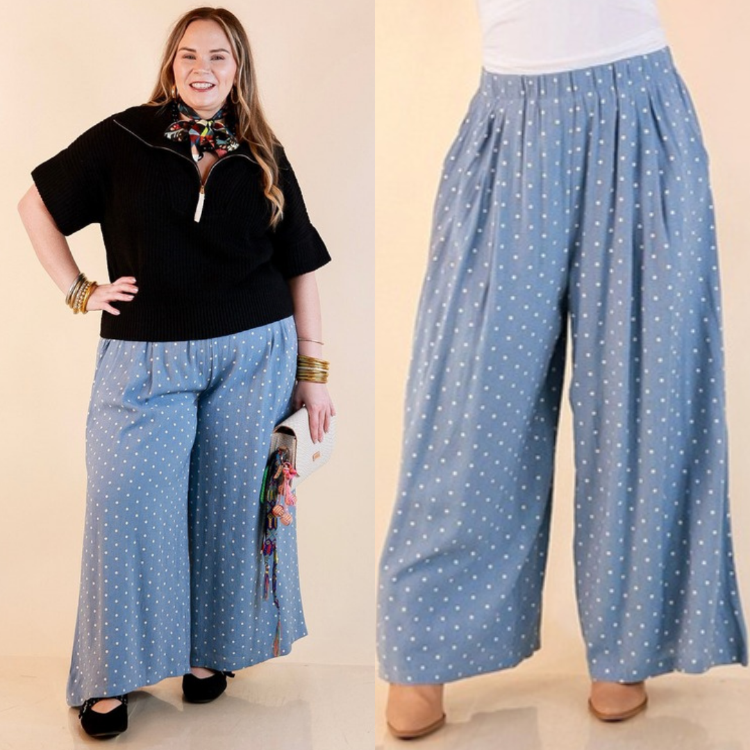 Connect the Dots Polka Dot Wide Leg Pants with Elastic Waistband in Light Blue
