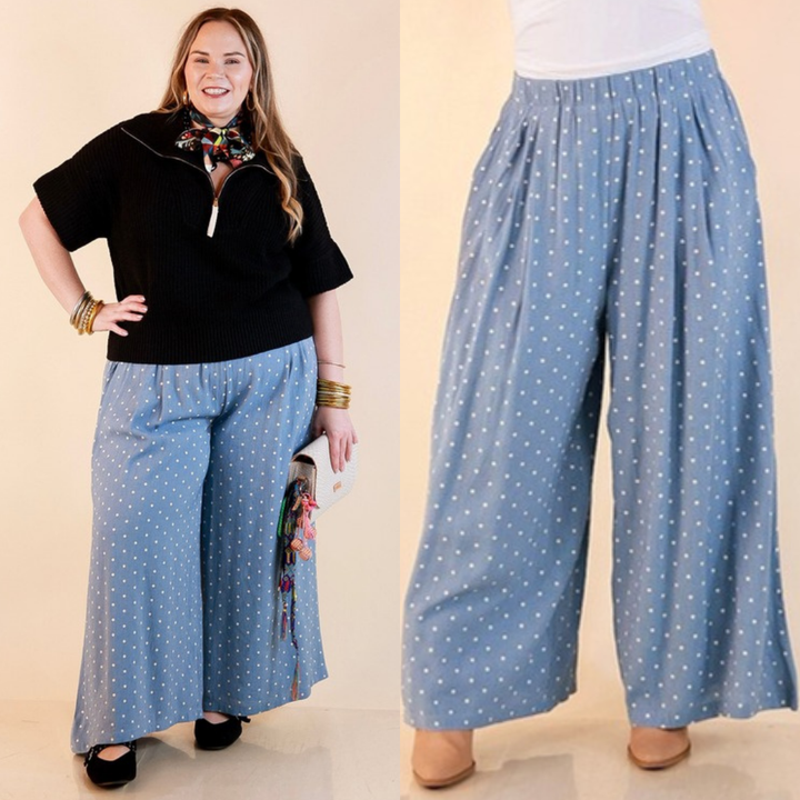 Connect the Dots Polka Dot Wide Leg Pants with Elastic Waistband in Light Blue