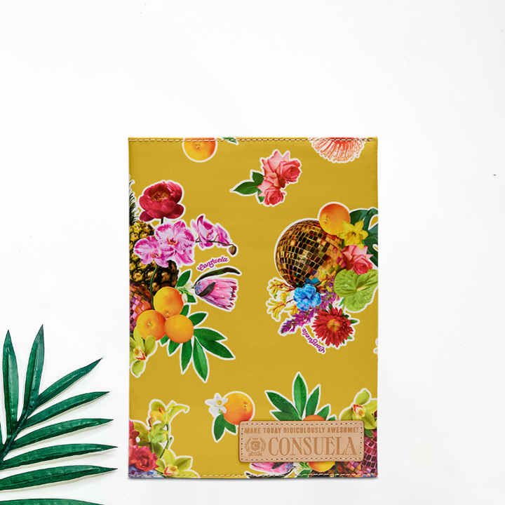 white background with tropical leaf for decor. featuring a yellow clothing background with fun flowers and fruits perfect for summer.