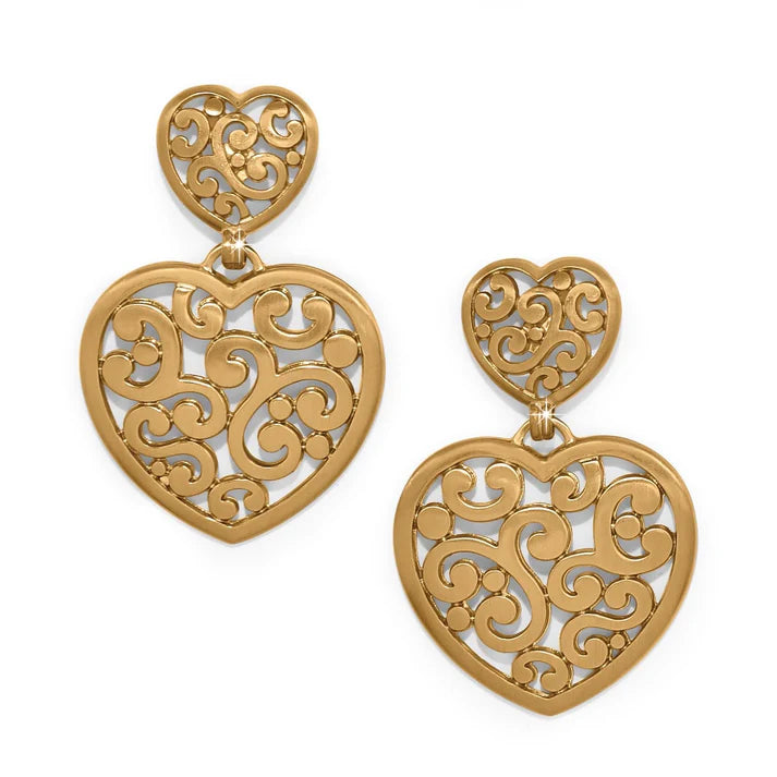 Gold heart-shaped earrings with intricate designs on a white background
