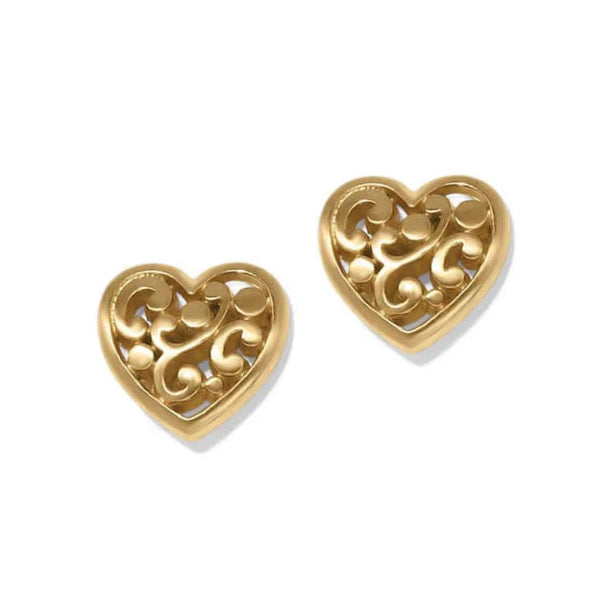 Gold heart-shaped earrings with intricate designs on a white background