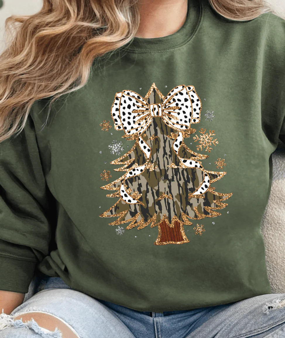 Military-green sweatshirt with camo Christmas tree and Dalmatian bow graphic