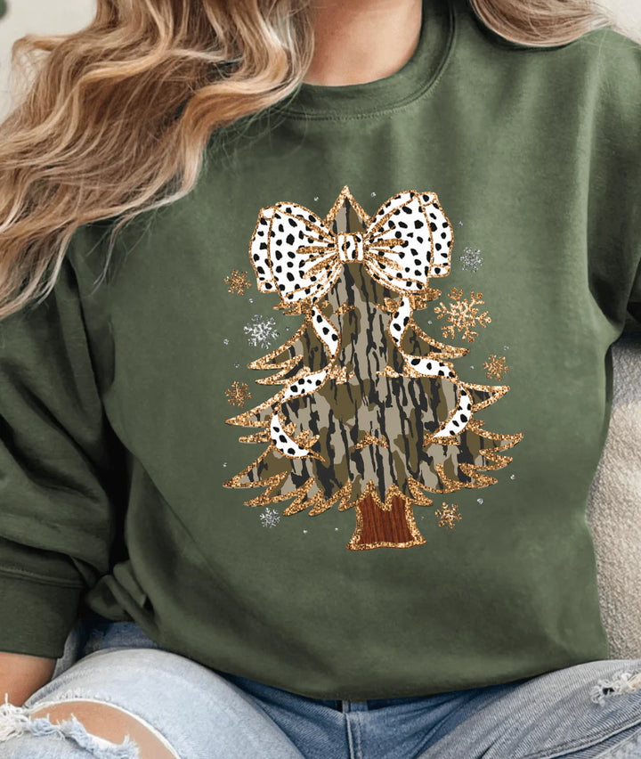 Military-green sweatshirt with camo Christmas tree and Dalmatian bow graphic