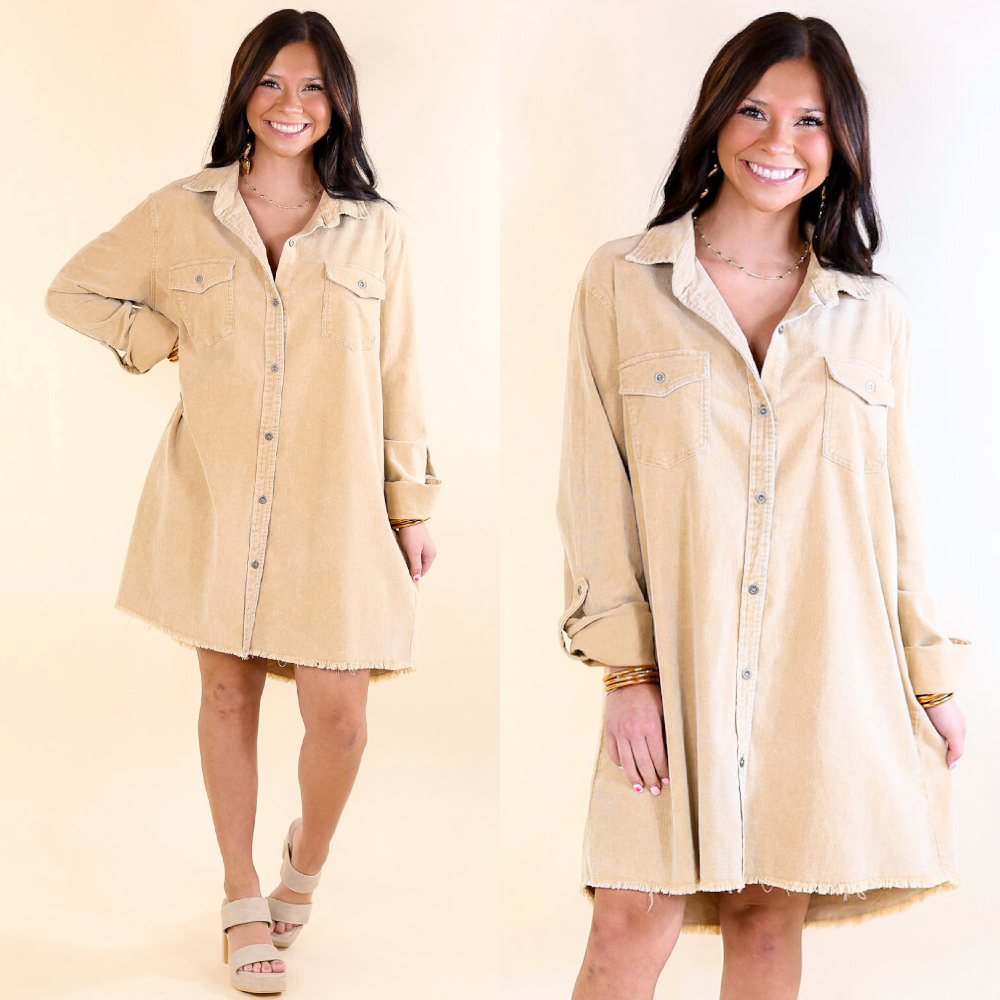 Patio Date Button Up Long Sleeve Corduroy Dress in Tan