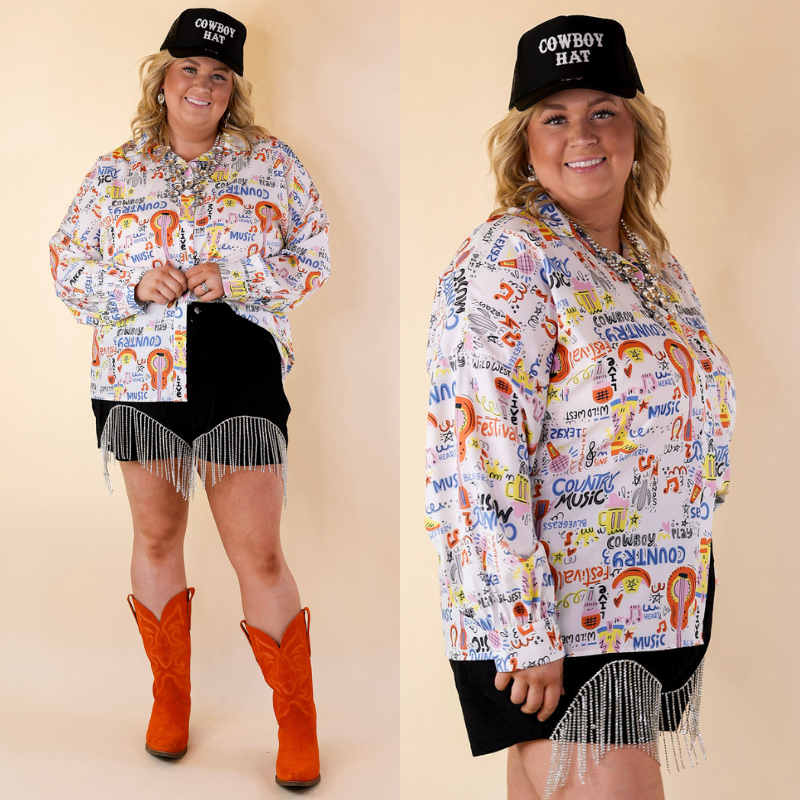 The Cowgirl Way Button Up Multi Color Music Print Top in White - Giddy Up Glamour Boutique