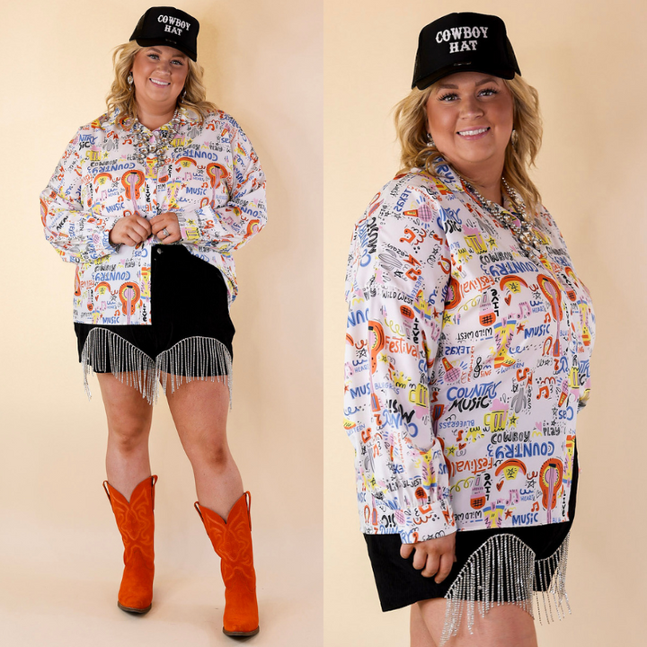 The Cowgirl Way Button Up Multi Color Music Print Top in White - Giddy Up Glamour Boutique