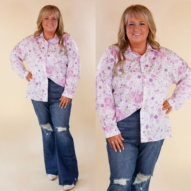 The Cowgirl Way Button Up Purple Music Print Top in White - Giddy Up Glamour Boutique