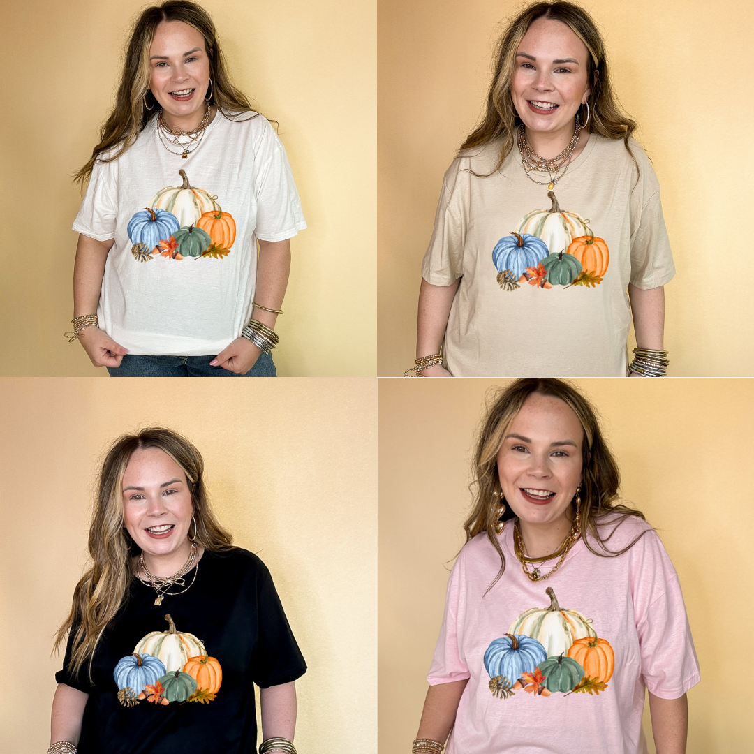 Online Exclusive |  Country Pumpkin Arrangement of Four Colored Pumpkins Graphic Tee in Multiple Color Options