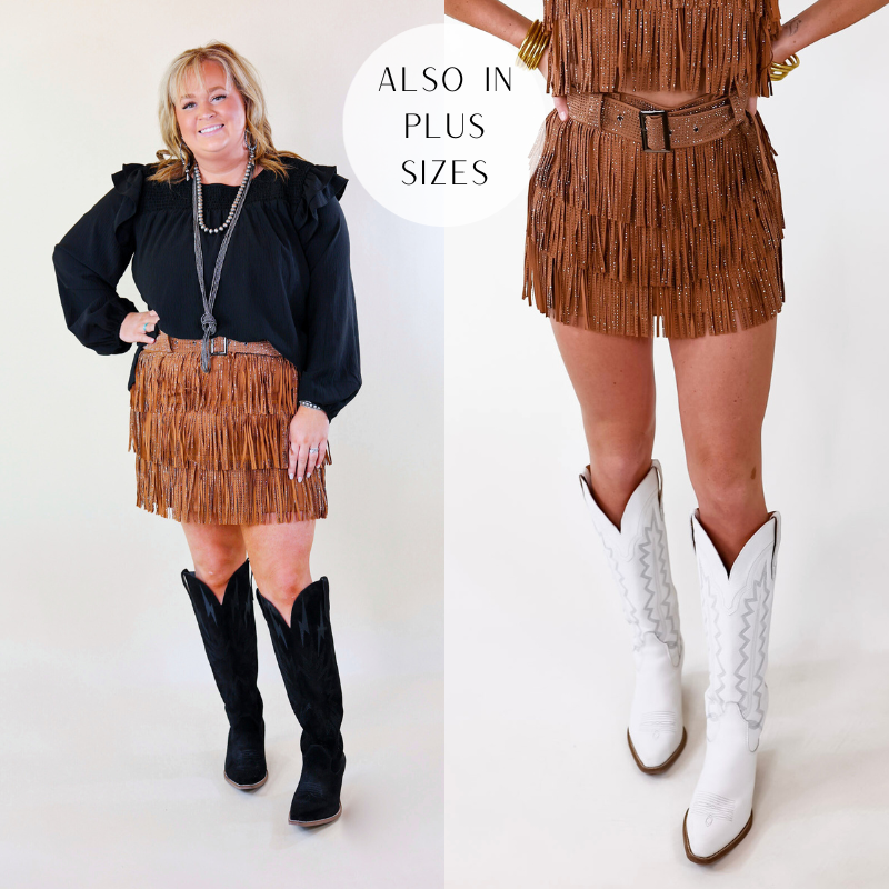 Models are  wearing a camel brown skort with crystal fringe throughout and a crystal belt.