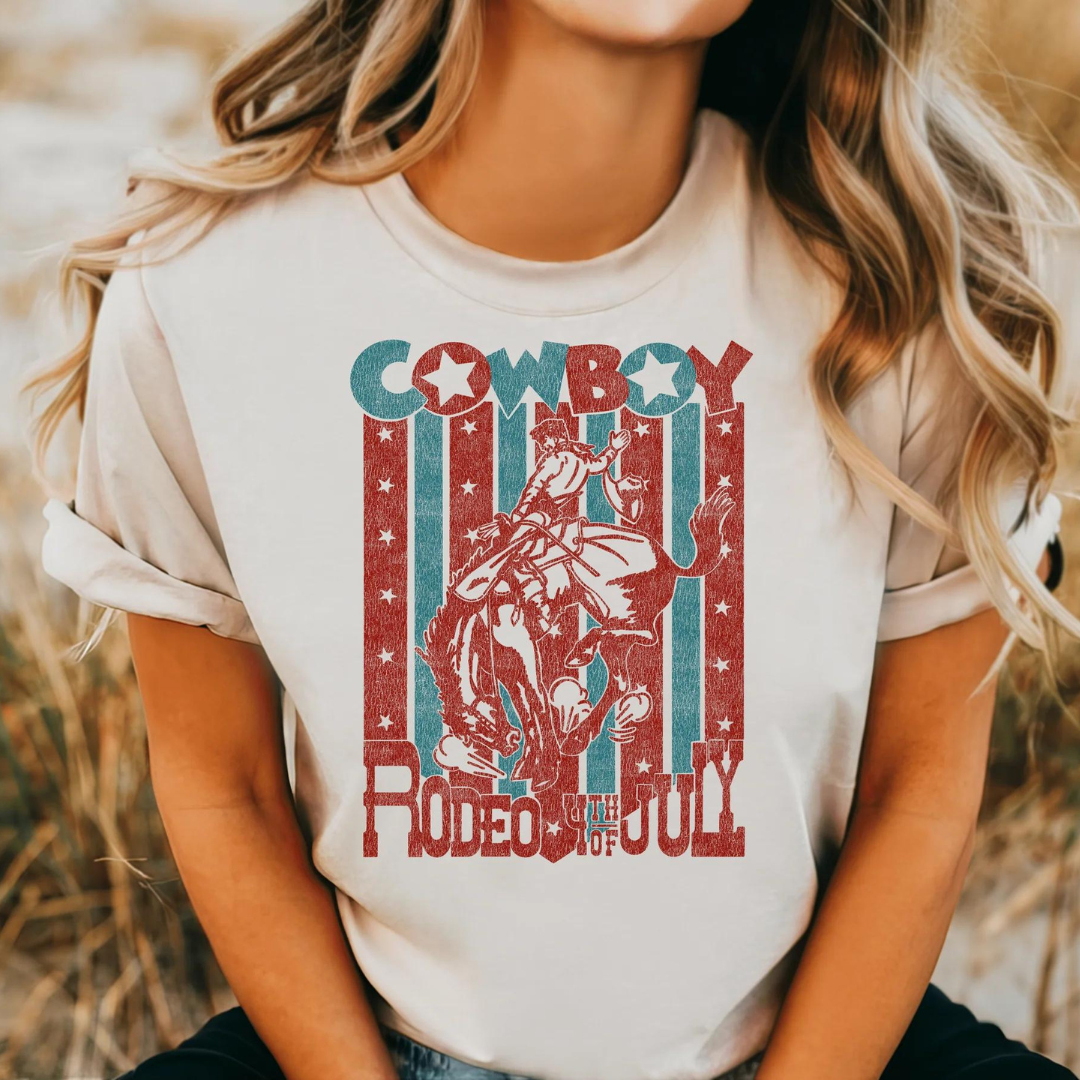 Online Exclusive | July 4th Rodeo Poster Short Sleeve Graphic Tee in Cream - Giddy Up Glamour Boutique