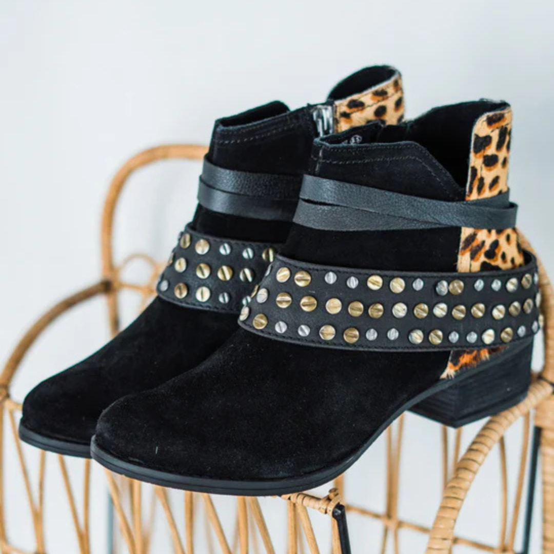 Online Exclusive | Crimson Hammered Studs and Straps Bootie in Black and Leopard