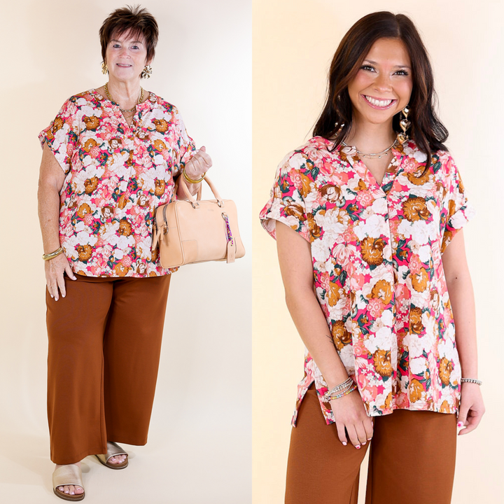 Downtown Darling Floral Print Short Sleeve Tunic Top in Coral Mix