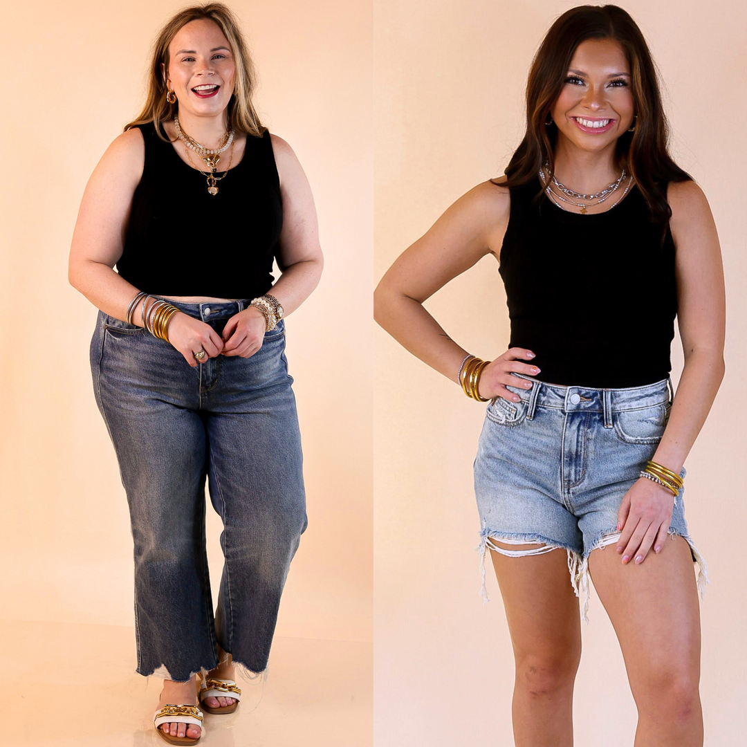 This top features a trendy ribbed texture, sleeveless design, and cropped length. Available in sizes small through large.