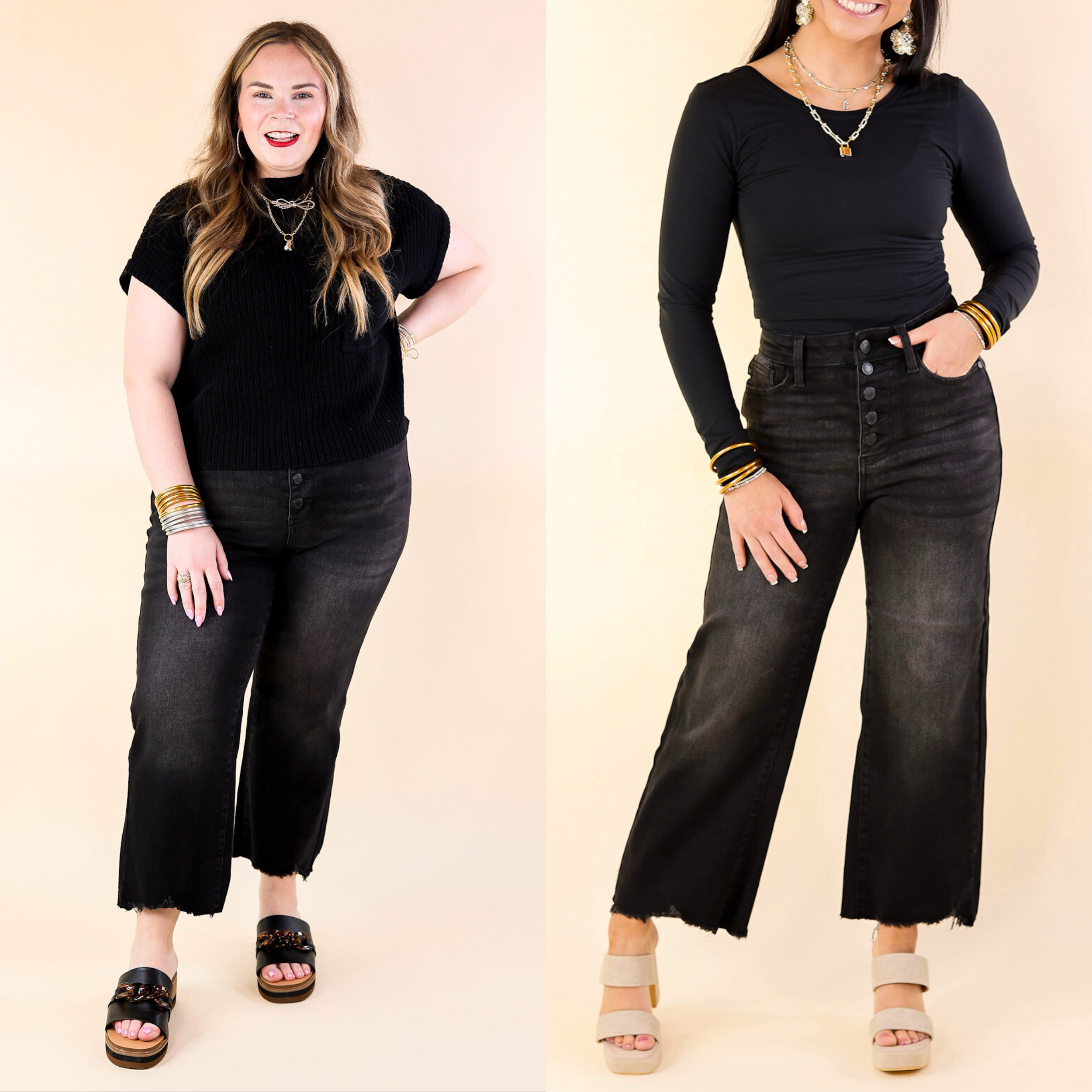 Judy Blue | Frayed Fusion Cropped Wide Leg Jean with Destroy Hem in Black - Giddy Up Glamour Boutique
