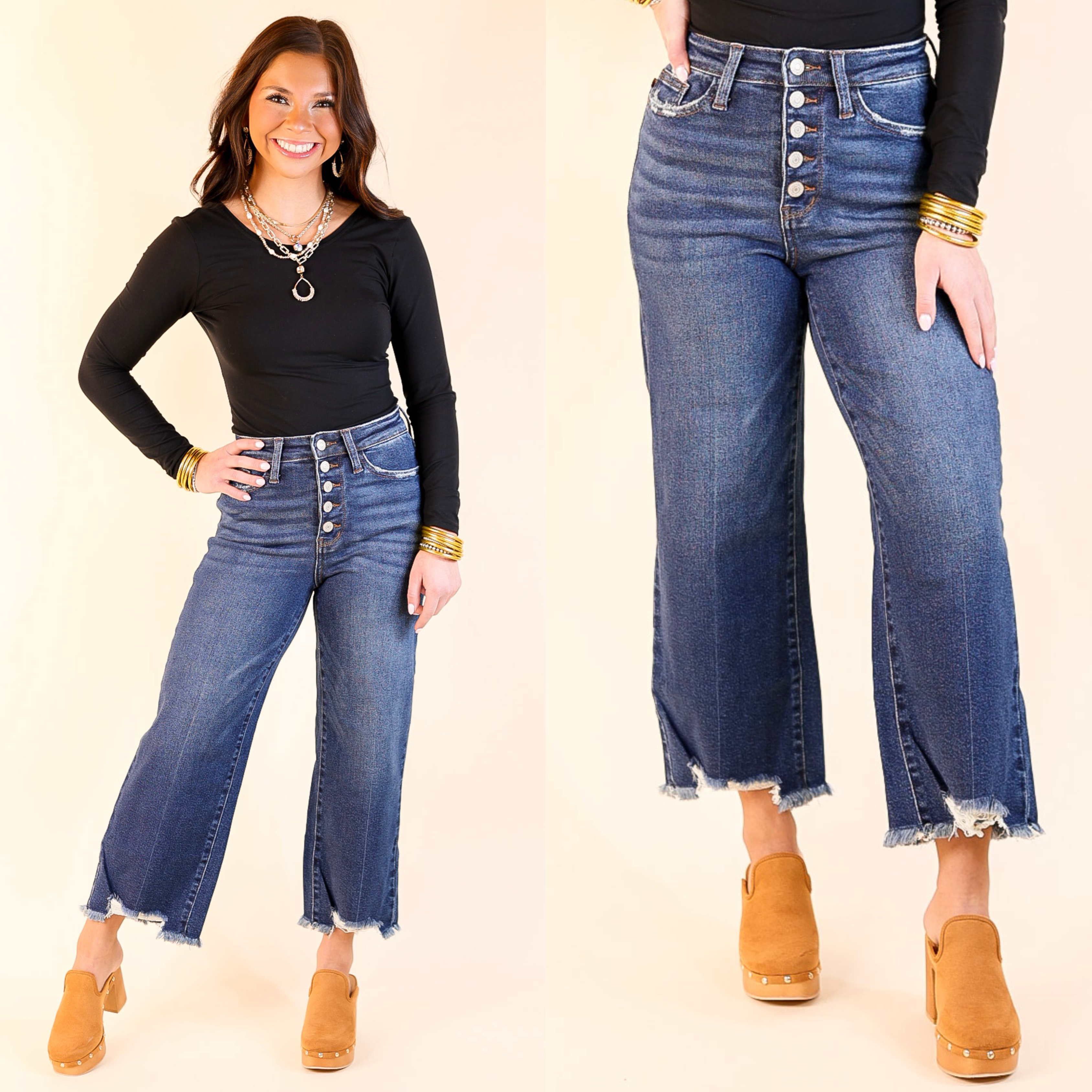 Judy Blue | Lead the Way High Waisted Button Fly Cropped Wide Leg Jean with Destroy Hem in Medium Wash